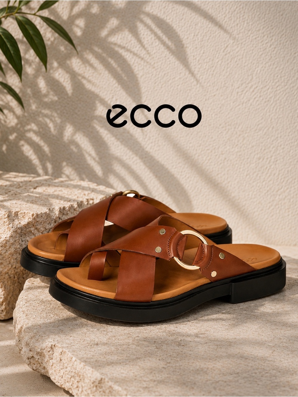 Ecco Brown Leather Cross-Strap Slide Sandals with Gold Ring Sz36 US 5-5.5